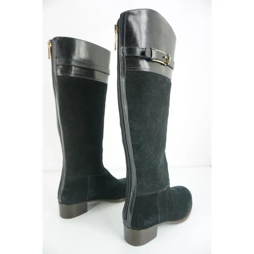 Tory Burch Black Suede Jenna Logo Tall Knee Riding Boots New